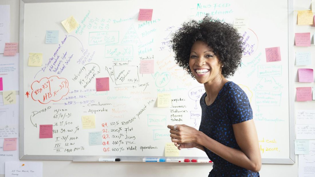 woman standing in front of a white board