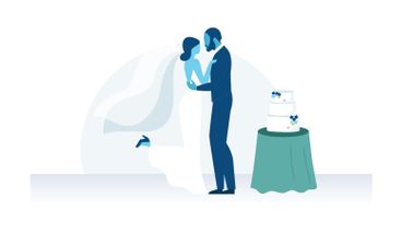 Graphic of a couple embracing on their wedding day